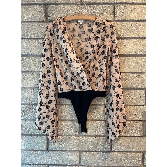 River Island Womens Black Rose Embroidered Sheer Long Sleeve Bodysuit Size 8 - Picture 1 of 7